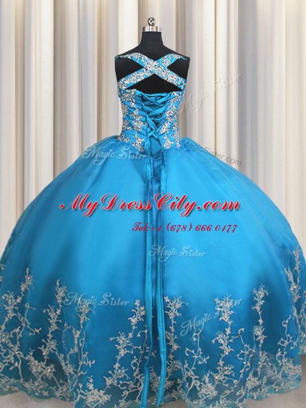 Dazzling Baby Blue Sleeveless Beading and Appliques Floor Length 15 Quinceanera Dress