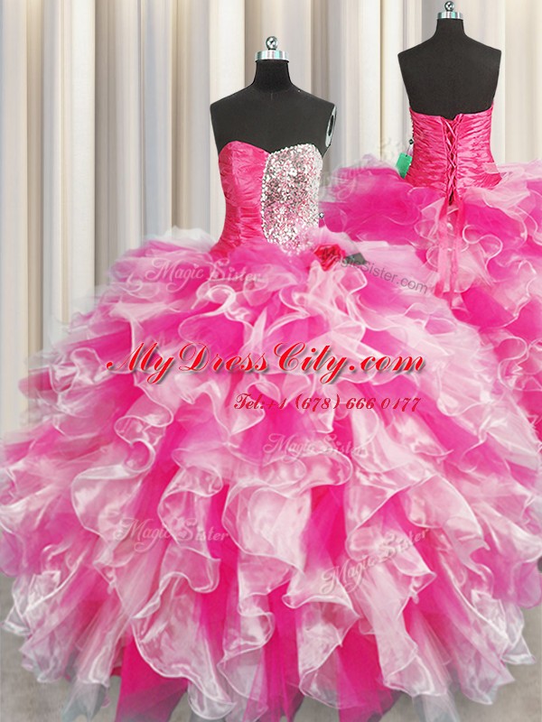 Elegant Floor Length Ball Gowns Sleeveless Pink And White 15 Quinceanera Dress Lace Up