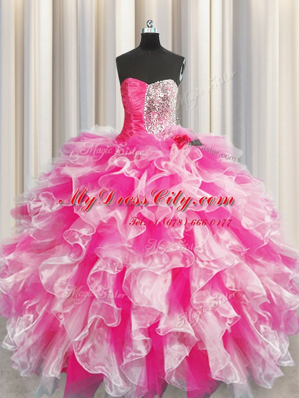 Elegant Floor Length Ball Gowns Sleeveless Pink And White 15 Quinceanera Dress Lace Up