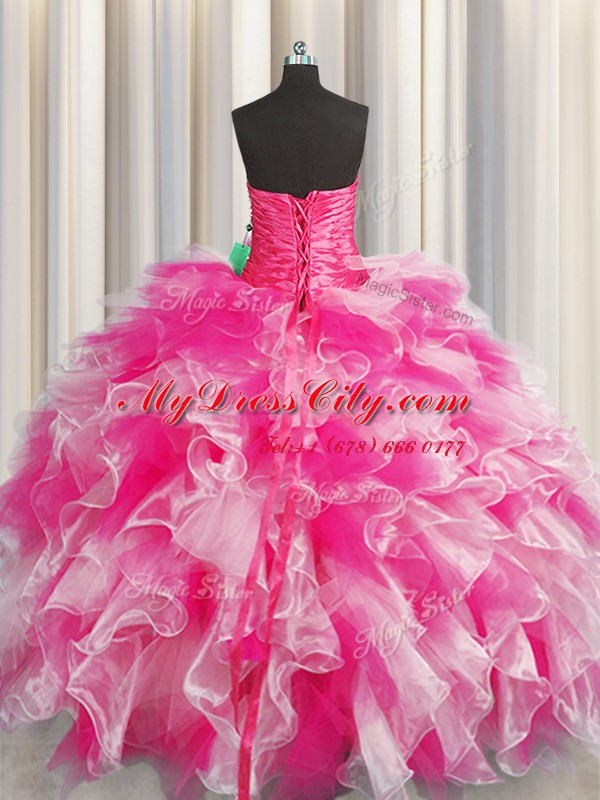 Elegant Floor Length Ball Gowns Sleeveless Pink And White 15 Quinceanera Dress Lace Up