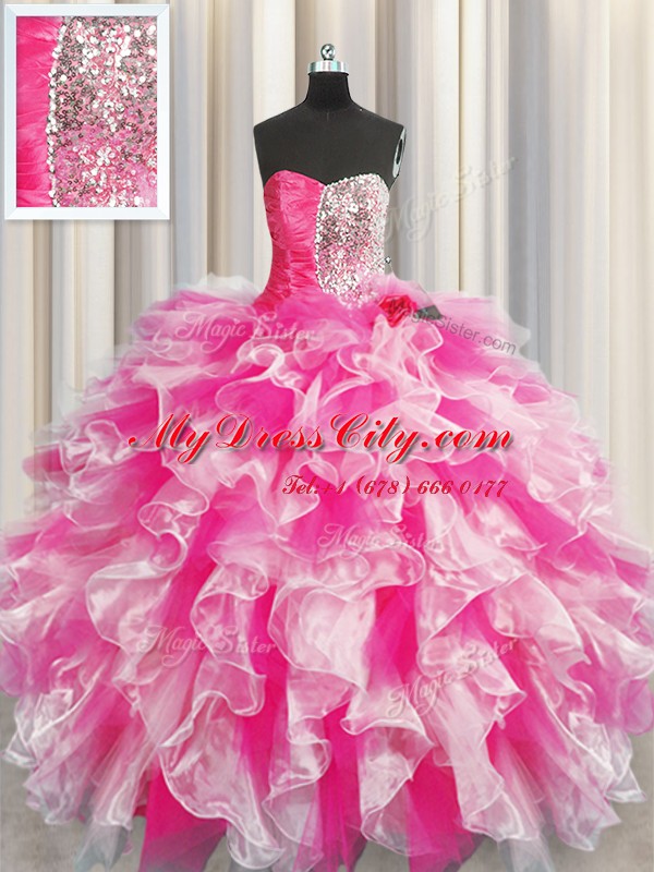 Elegant Floor Length Ball Gowns Sleeveless Pink And White 15 Quinceanera Dress Lace Up