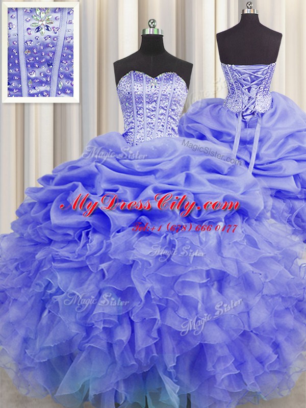 Most Popular Visible Boning Sleeveless Floor Length Beading and Ruffles and Pick Ups Lace Up Sweet 16 Dress with Purple