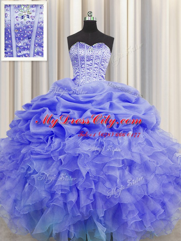 Most Popular Visible Boning Sleeveless Floor Length Beading and Ruffles and Pick Ups Lace Up Sweet 16 Dress with Purple