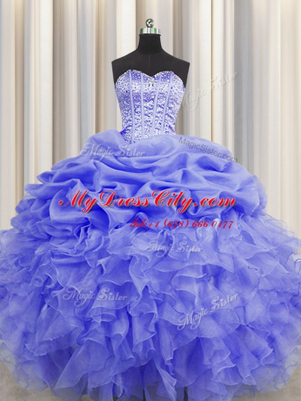 Most Popular Visible Boning Sleeveless Floor Length Beading and Ruffles and Pick Ups Lace Up Sweet 16 Dress with Purple