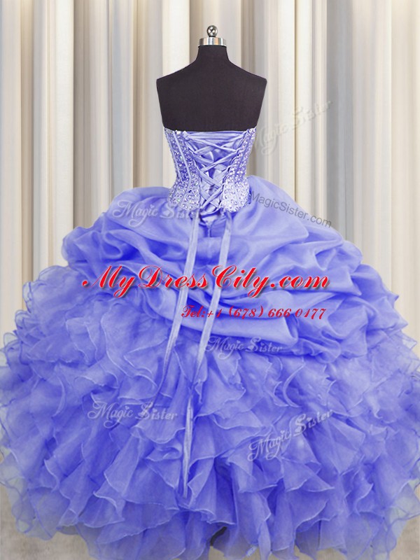 Most Popular Visible Boning Sleeveless Floor Length Beading and Ruffles and Pick Ups Lace Up Sweet 16 Dress with Purple