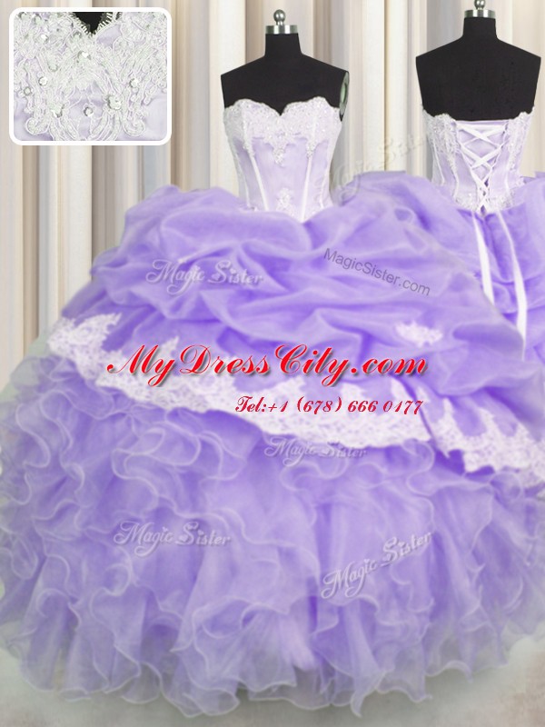 Beading and Appliques and Ruffles and Pick Ups 15th Birthday Dress Lavender Lace Up Sleeveless Floor Length