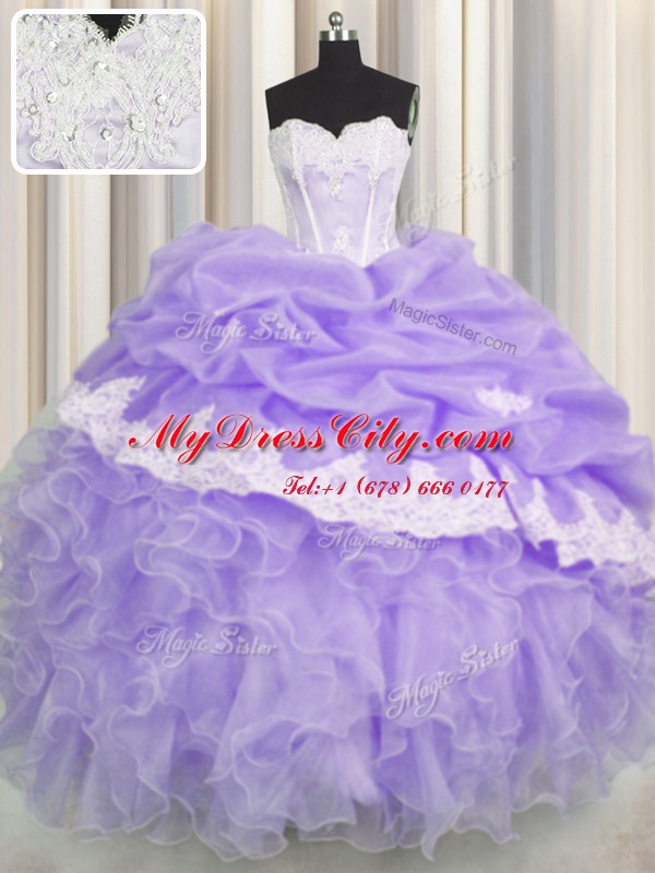 Beading and Appliques and Ruffles and Pick Ups 15th Birthday Dress Lavender Lace Up Sleeveless Floor Length