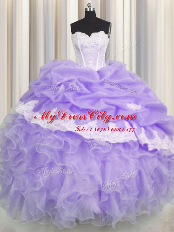 Beading and Appliques and Ruffles and Pick Ups 15th Birthday Dress Lavender Lace Up Sleeveless Floor Length