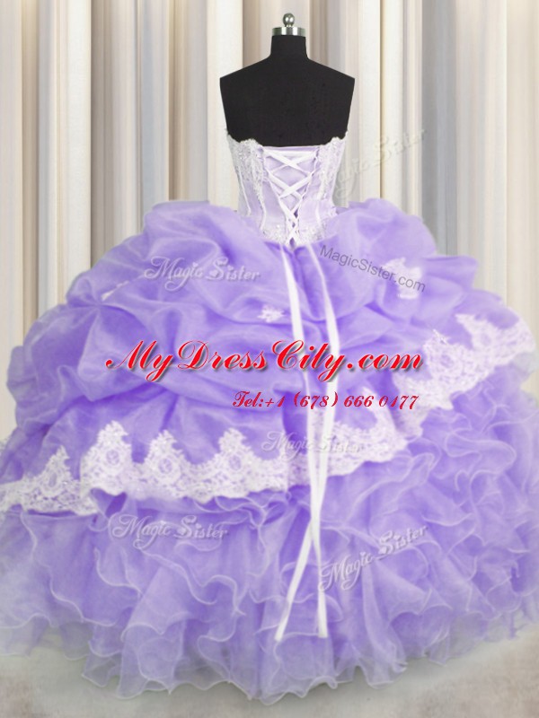 Beading and Appliques and Ruffles and Pick Ups 15th Birthday Dress Lavender Lace Up Sleeveless Floor Length