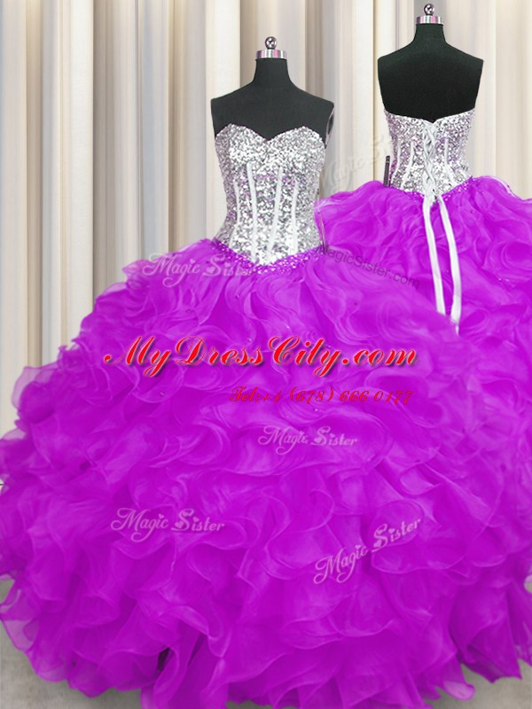 Customized Purple Organza Lace Up Sweetheart Sleeveless Floor Length Sweet 16 Quinceanera Dress Beading and Ruffles