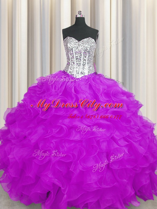 Customized Purple Organza Lace Up Sweetheart Sleeveless Floor Length Sweet 16 Quinceanera Dress Beading and Ruffles