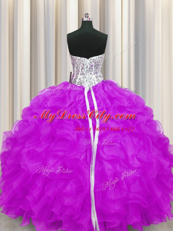 Customized Purple Organza Lace Up Sweetheart Sleeveless Floor Length Sweet 16 Quinceanera Dress Beading and Ruffles