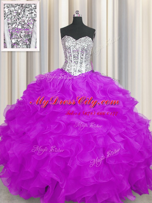 Customized Purple Organza Lace Up Sweetheart Sleeveless Floor Length Sweet 16 Quinceanera Dress Beading and Ruffles