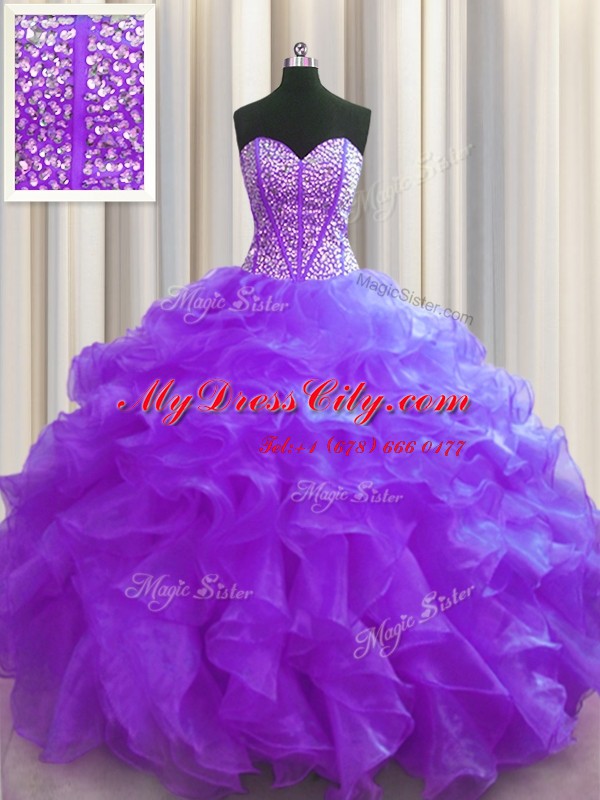 Trendy Visible Boning Purple Sleeveless Organza Lace Up Ball Gown Prom Dress for Military Ball and Sweet 16 and Quinceanera