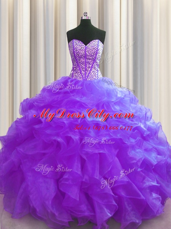 Trendy Visible Boning Purple Sleeveless Organza Lace Up Ball Gown Prom Dress for Military Ball and Sweet 16 and Quinceanera