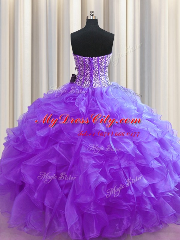 Trendy Visible Boning Purple Sleeveless Organza Lace Up Ball Gown Prom Dress for Military Ball and Sweet 16 and Quinceanera