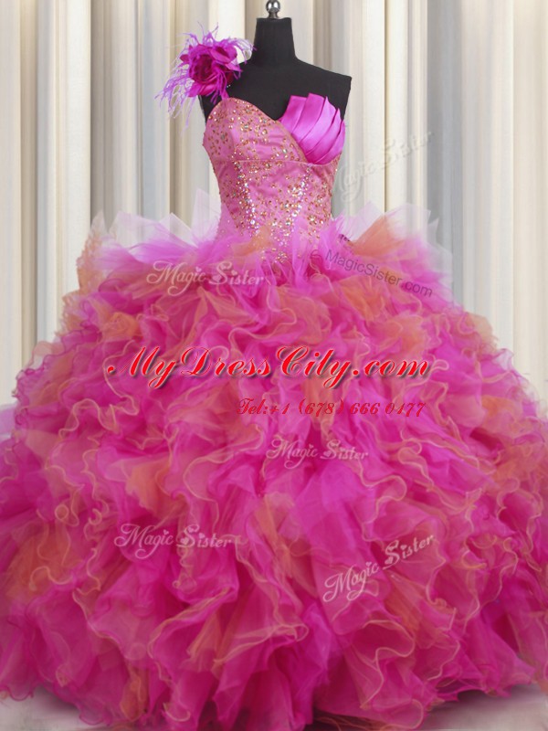 Handcrafted Flower One Shoulder Sleeveless Lace Up Quince Ball Gowns Multi-color Tulle