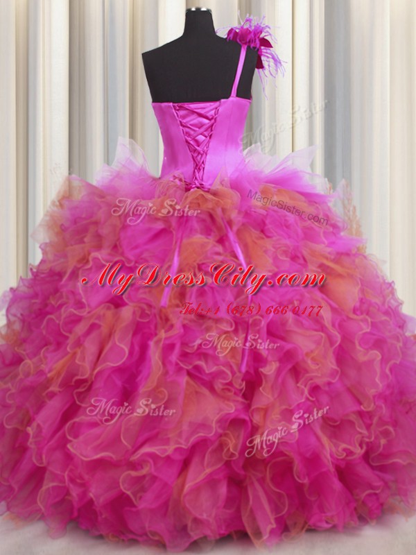 Handcrafted Flower One Shoulder Sleeveless Lace Up Quince Ball Gowns Multi-color Tulle