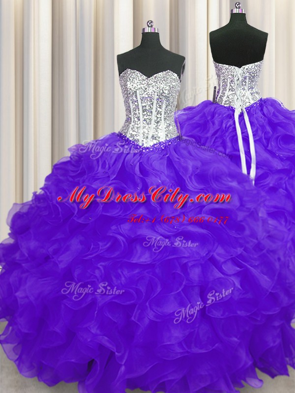 Purple Organza Lace Up Sweetheart Sleeveless Floor Length Sweet 16 Dress Beading and Ruffles