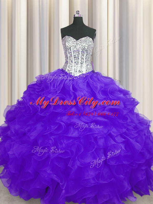 Purple Organza Lace Up Sweetheart Sleeveless Floor Length Sweet 16 Dress Beading and Ruffles