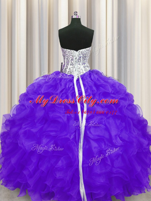 Purple Organza Lace Up Sweetheart Sleeveless Floor Length Sweet 16 Dress Beading and Ruffles