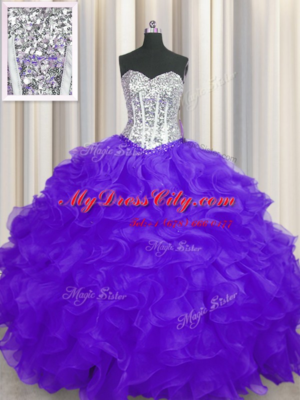 Purple Organza Lace Up Sweetheart Sleeveless Floor Length Sweet 16 Dress Beading and Ruffles