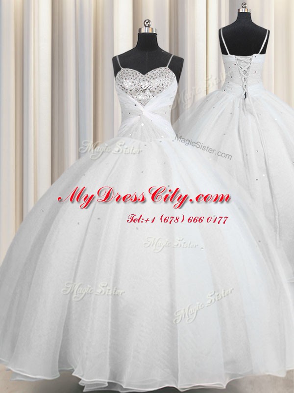 Cheap White Lace Up Spaghetti Straps Beading and Ruching Quince Ball Gowns Organza Sleeveless