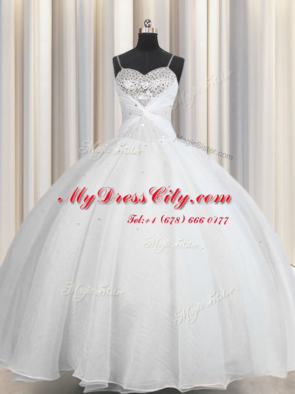 Cheap White Lace Up Spaghetti Straps Beading and Ruching Quince Ball Gowns Organza Sleeveless