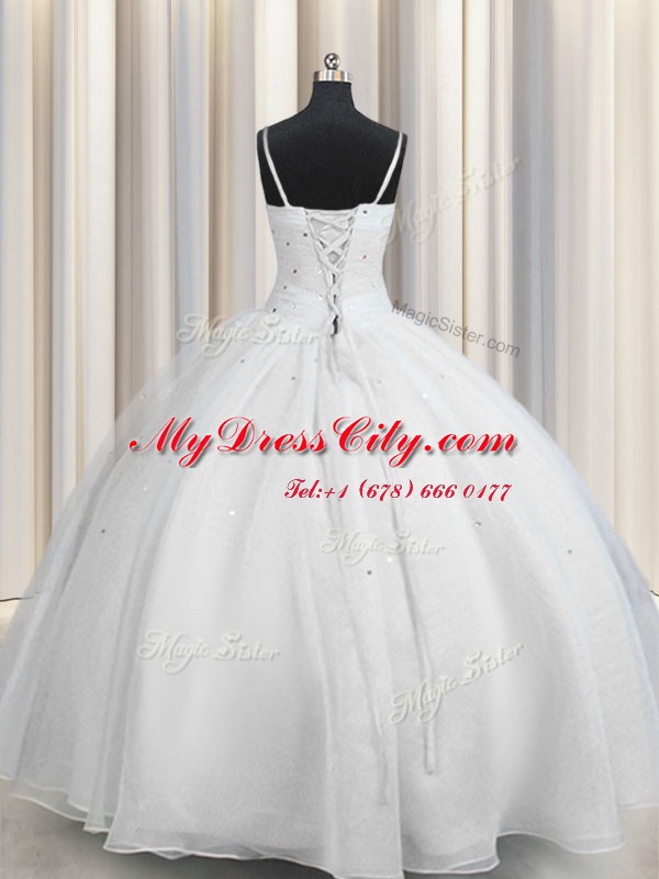 Cheap White Lace Up Spaghetti Straps Beading and Ruching Quince Ball Gowns Organza Sleeveless