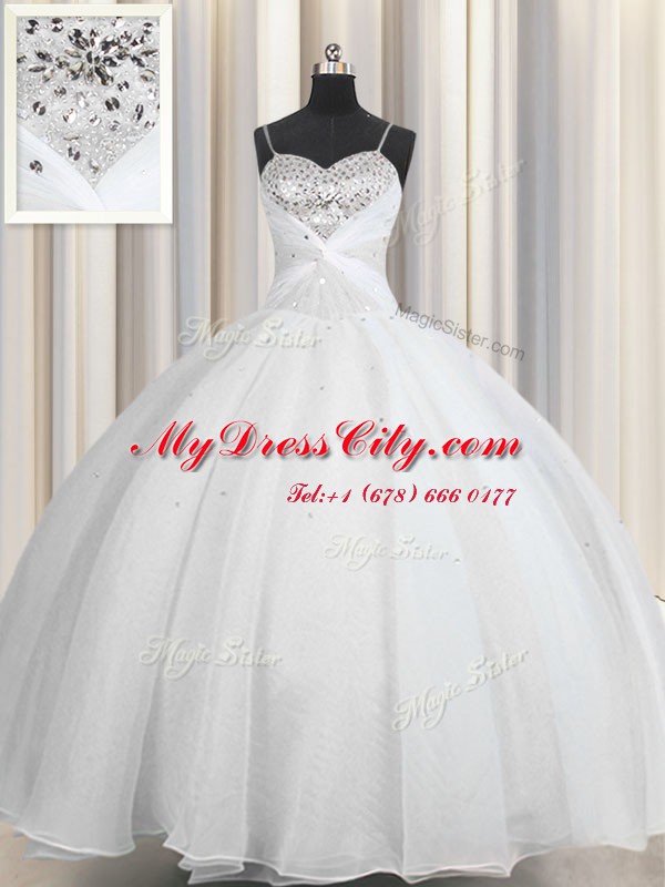 Cheap White Lace Up Spaghetti Straps Beading and Ruching Quince Ball Gowns Organza Sleeveless