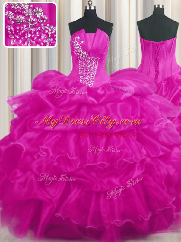 Hot Pink and Fuchsia Ball Gowns Organza Strapless Sleeveless Beading and Ruffled Layers and Pick Ups Floor Length Lace Up Sweet 16 Quinceanera Dress