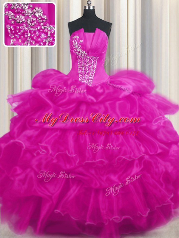 Hot Pink and Fuchsia Ball Gowns Organza Strapless Sleeveless Beading and Ruffled Layers and Pick Ups Floor Length Lace Up Sweet 16 Quinceanera Dress