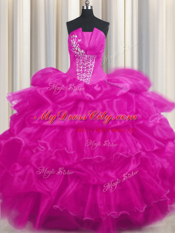 Hot Pink and Fuchsia Ball Gowns Organza Strapless Sleeveless Beading and Ruffled Layers and Pick Ups Floor Length Lace Up Sweet 16 Quinceanera Dress