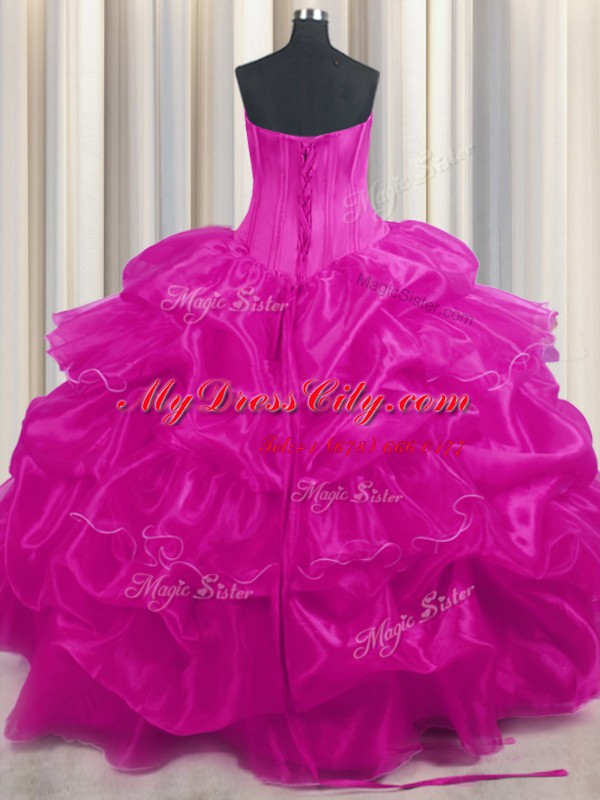 Hot Pink and Fuchsia Ball Gowns Organza Strapless Sleeveless Beading and Ruffled Layers and Pick Ups Floor Length Lace Up Sweet 16 Quinceanera Dress