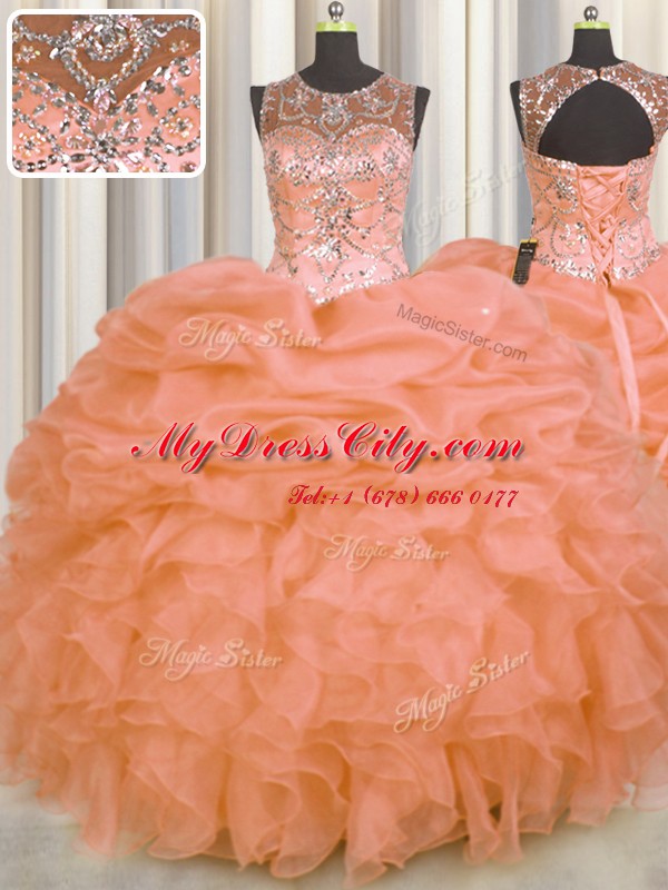 Romantic See Through Orange Lace Up Quinceanera Gown Beading and Ruffles and Pick Ups Sleeveless Floor Length