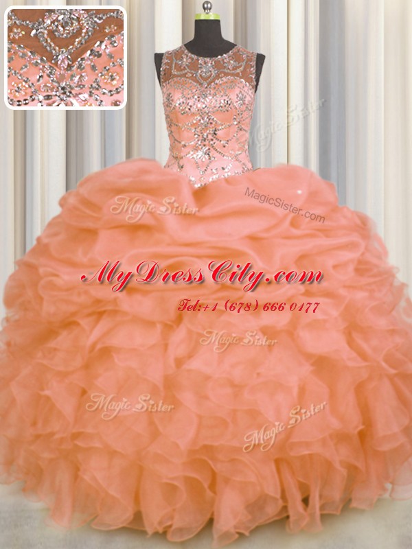 Romantic See Through Orange Lace Up Quinceanera Gown Beading and Ruffles and Pick Ups Sleeveless Floor Length