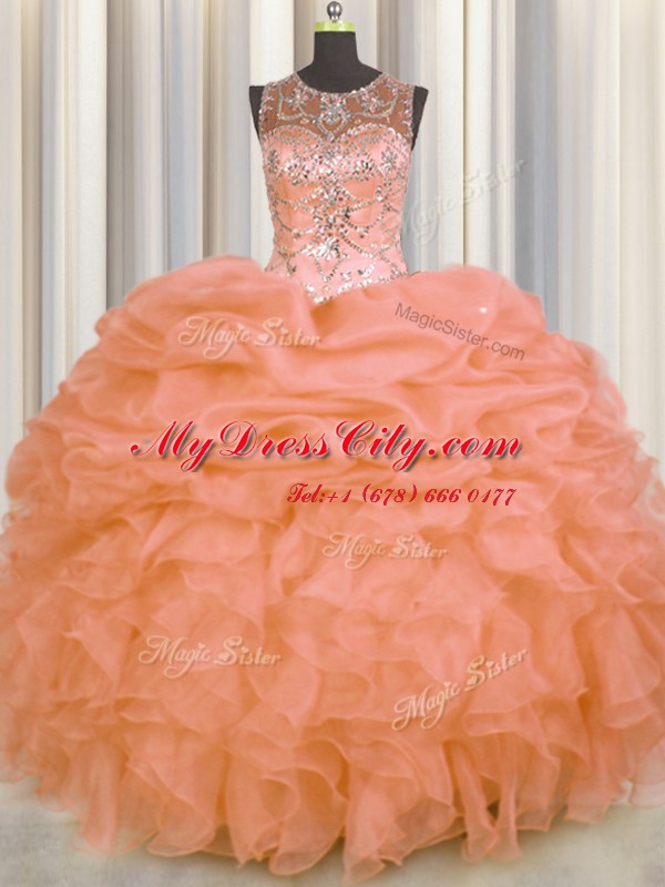 Romantic See Through Orange Lace Up Quinceanera Gown Beading and Ruffles and Pick Ups Sleeveless Floor Length