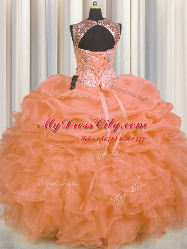 Romantic See Through Orange Lace Up Quinceanera Gown Beading and Ruffles and Pick Ups Sleeveless Floor Length