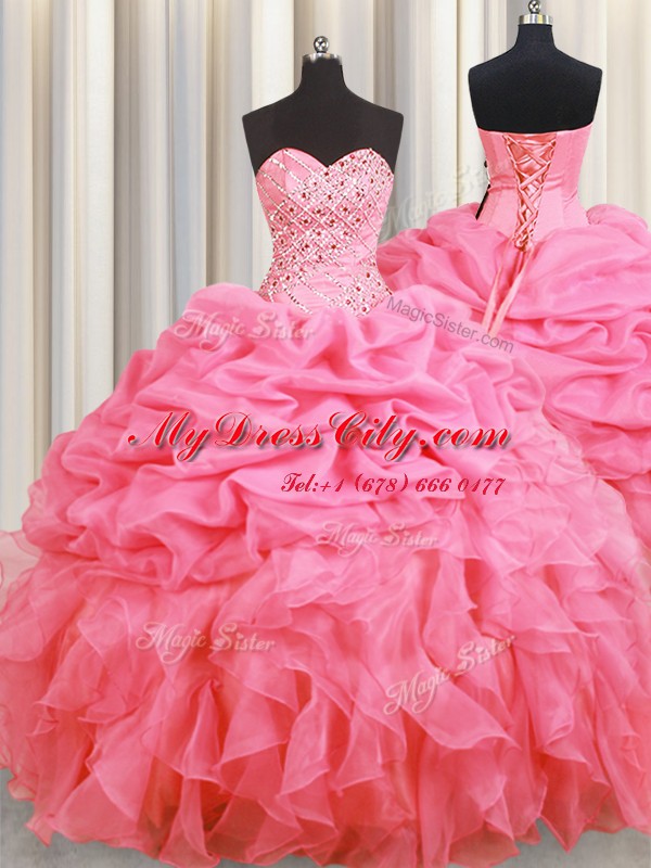 High Quality Halter Top Rose Pink Lace Up Sweet 16 Quinceanera Dress Beading and Ruffles and Pick Ups Sleeveless Floor Length