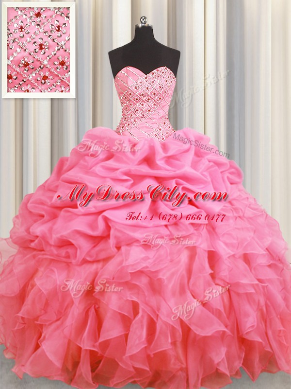 High Quality Halter Top Rose Pink Lace Up Sweet 16 Quinceanera Dress Beading and Ruffles and Pick Ups Sleeveless Floor Length