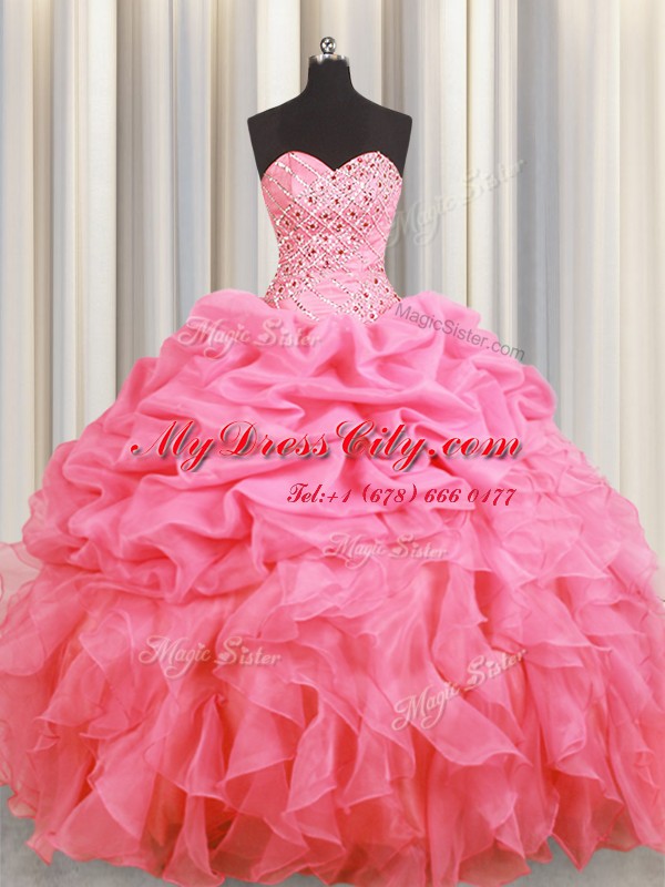 High Quality Halter Top Rose Pink Lace Up Sweet 16 Quinceanera Dress Beading and Ruffles and Pick Ups Sleeveless Floor Length