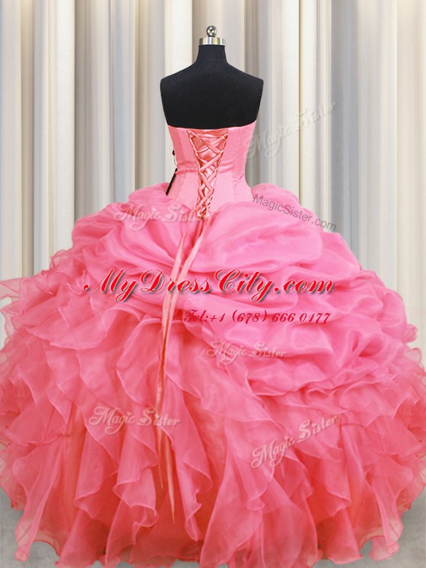 High Quality Halter Top Rose Pink Lace Up Sweet 16 Quinceanera Dress Beading and Ruffles and Pick Ups Sleeveless Floor Length