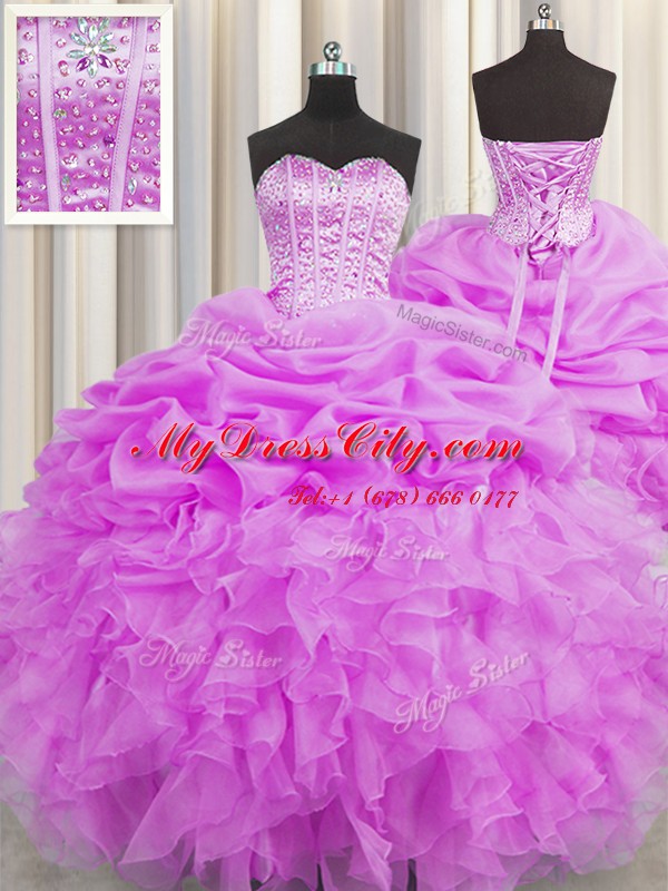 Luxury Visible Boning Lilac Organza Lace Up Ball Gown Prom Dress Sleeveless Floor Length Beading and Ruffles and Pick Ups