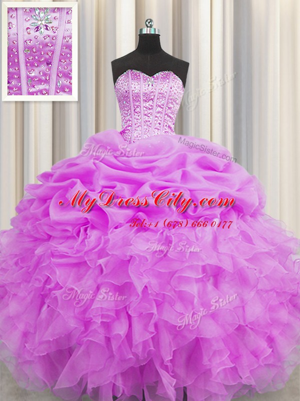 Luxury Visible Boning Lilac Organza Lace Up Ball Gown Prom Dress Sleeveless Floor Length Beading and Ruffles and Pick Ups