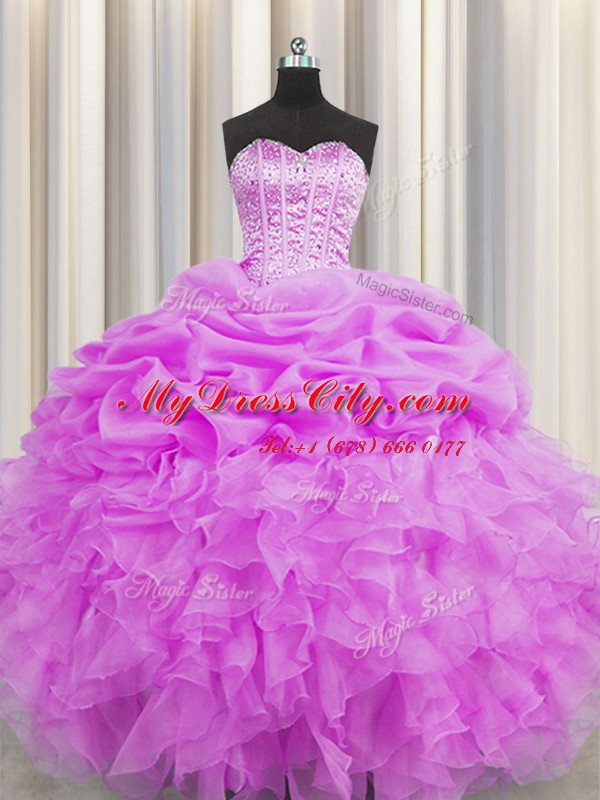 Luxury Visible Boning Lilac Organza Lace Up Ball Gown Prom Dress Sleeveless Floor Length Beading and Ruffles and Pick Ups