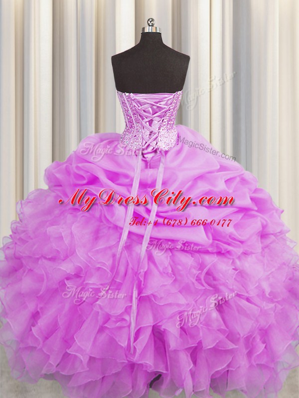 Luxury Visible Boning Lilac Organza Lace Up Ball Gown Prom Dress Sleeveless Floor Length Beading and Ruffles and Pick Ups