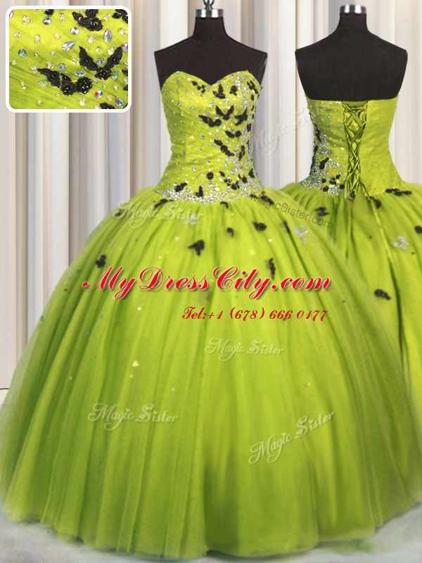 Enchanting Floor Length Olive Green Vestidos de Quinceanera Tulle Sleeveless Beading and Appliques