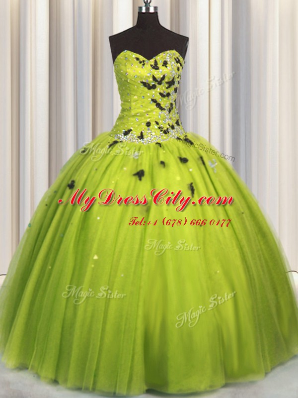 Enchanting Floor Length Olive Green Vestidos de Quinceanera Tulle Sleeveless Beading and Appliques