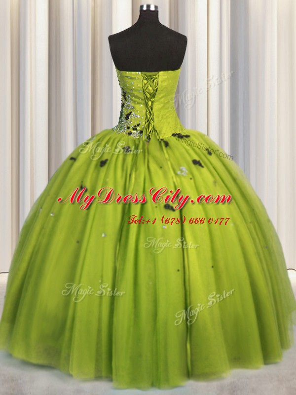 Enchanting Floor Length Olive Green Vestidos de Quinceanera Tulle Sleeveless Beading and Appliques