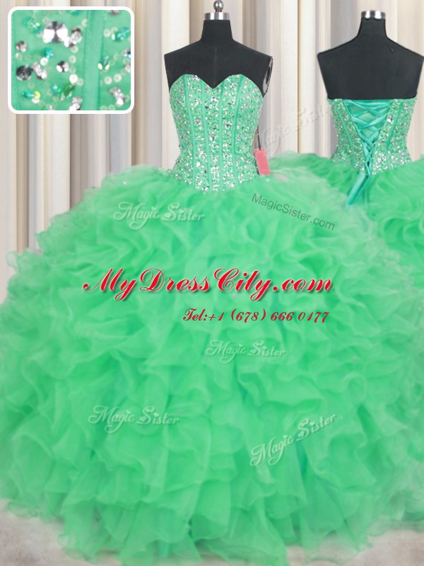 Visible Boning Floor Length Lace Up Ball Gown Prom Dress Green for Military Ball and Sweet 16 and Quinceanera with Beading and Ruffles